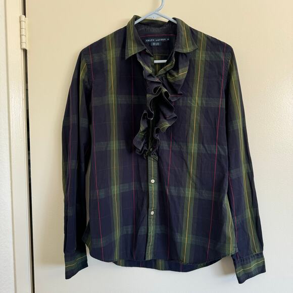 Ralph Lauren Women's Green Blue Plaid Ruffle Button Up Size 10 - Picture 1 of 3